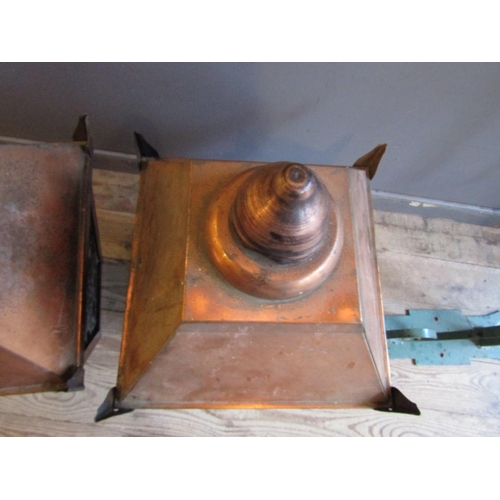 190 - Pair of Copper Lanterns with Inset Lights Leaded Glass and Cast Iron Holding Brackets Each Approxima... 