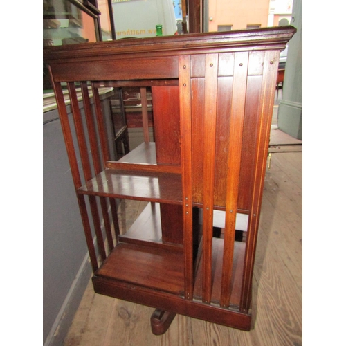 191 - Edwardian Figured Mahogany Revolving Floor Bookcase with Marquetry Decoration Good Original Conditio... 