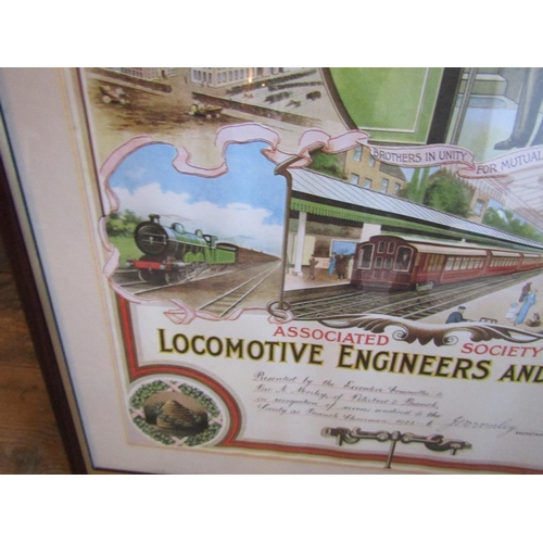 200 - Locomotive Engineering Sign Coloured Engraving Framed Approximately 32 Inches High x 32 Inches Wide