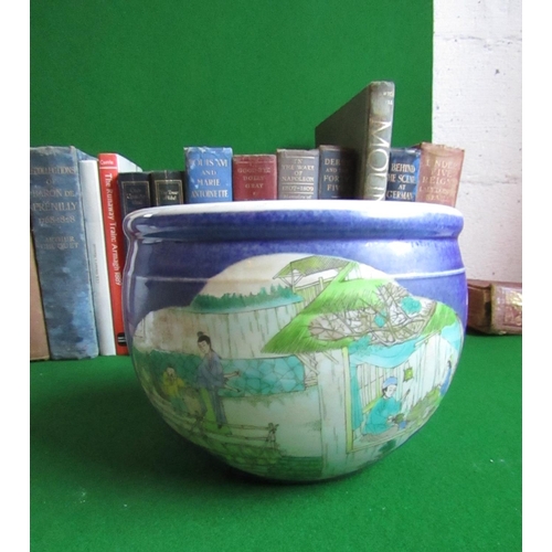 201 - Oriental Blue and Green Ground Jardiniere with Decorated Scenes Approximately 10 Inches Diameter