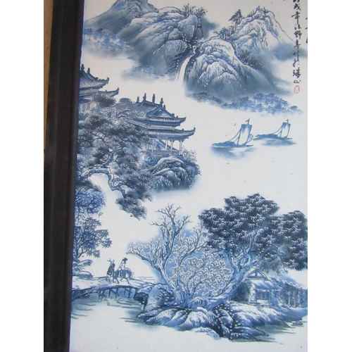 207 - Blue and White Oriental Wall Plaque Contained within Hardwood Frame Approximately 15 Inches High