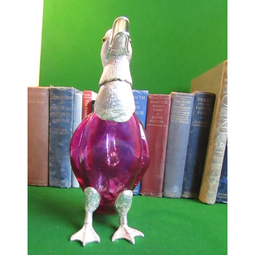 217 - Cranberry Glass Silver Plated Duck Motif Decanter Finely Decorated Approximately 9 Inches High