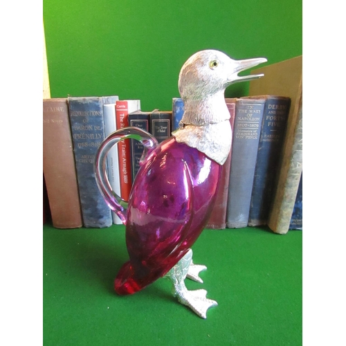 217 - Cranberry Glass Silver Plated Duck Motif Decanter Finely Decorated Approximately 9 Inches High