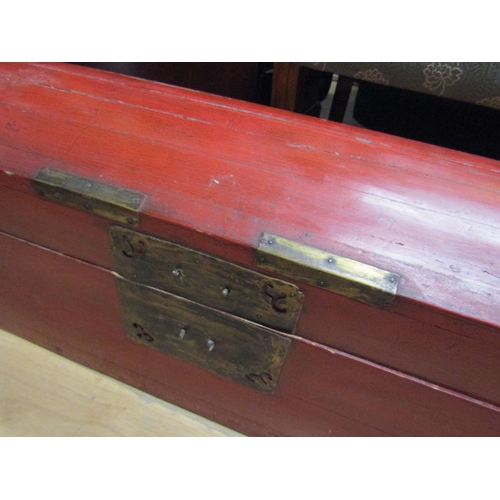 37 - Oriental Red Ground Dome Top Wooden Trunk with Brass Mounts Approximately 48 Inches Wide