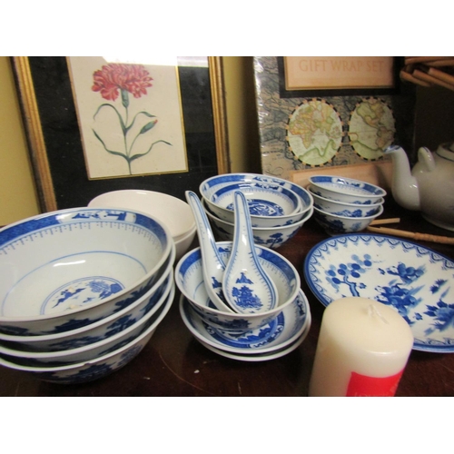 68 - Collection of Various Items including Wicker Carry Basket Blue and Whiteware Old Floral Engraving La... 