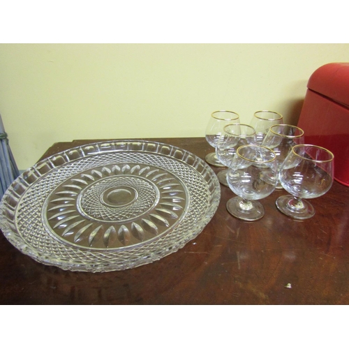 71 - Waterford Cut Crystal Table Dish with Six Gilt Decorated Brandy Balloon Glasses with Monogram M and ... 