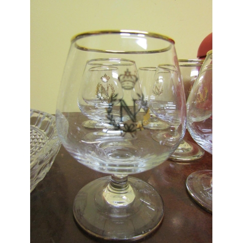 71 - Waterford Cut Crystal Table Dish with Six Gilt Decorated Brandy Balloon Glasses with Monogram M and ... 