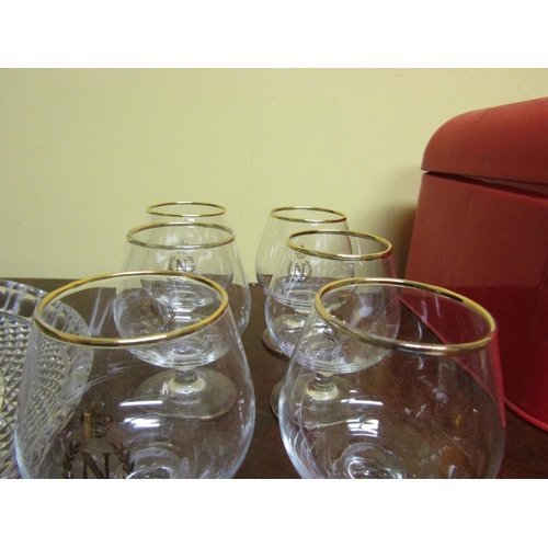 71 - Waterford Cut Crystal Table Dish with Six Gilt Decorated Brandy Balloon Glasses with Monogram M and ... 