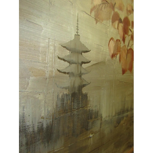 78 - Eastern School Pagoda Misty Morning Oil on Canvas Approximately 5ft High x 6ft Wide Signed Indistinc... 