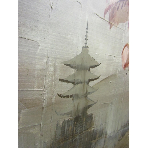 78 - Eastern School Pagoda Misty Morning Oil on Canvas Approximately 5ft High x 6ft Wide Signed Indistinc... 