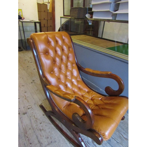 809 - Tan Leather Upholstered Mahogany Framed Rocking Chair Good Original Condition