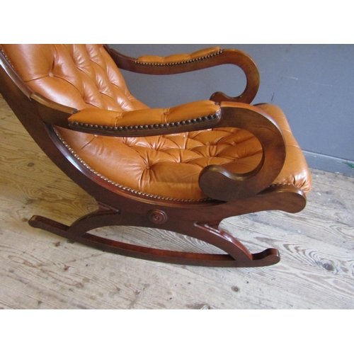 809 - Tan Leather Upholstered Mahogany Framed Rocking Chair Good Original Condition