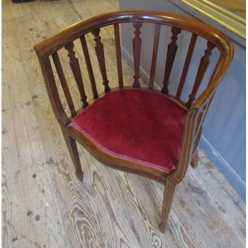 811 - Edwardian Inlaid Mahogany Tub Framed Armchair Railed Back above Tapering Supports