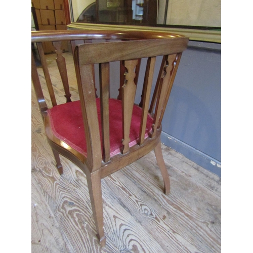 811 - Edwardian Inlaid Mahogany Tub Framed Armchair Railed Back above Tapering Supports