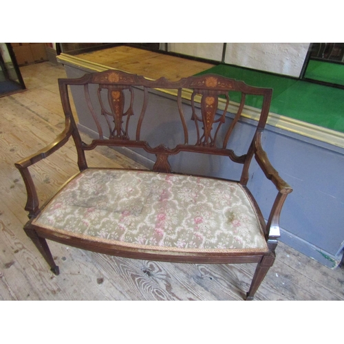 817 - Antique Marquetry Decorated Two Seater Settee Elegant Form above Tapering Supports Approximately 4ft... 