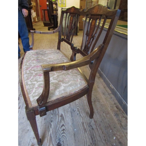 817 - Antique Marquetry Decorated Two Seater Settee Elegant Form above Tapering Supports Approximately 4ft... 