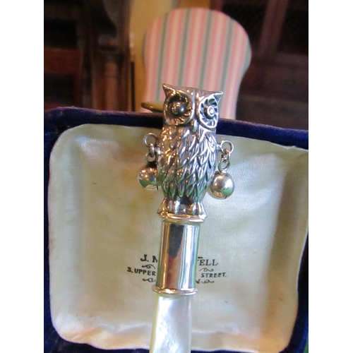 835 - Solid Silver Mounted Babies Owl Motif Rattle Mother of Pearl Handle with Solid Silver Cased Pencil T... 