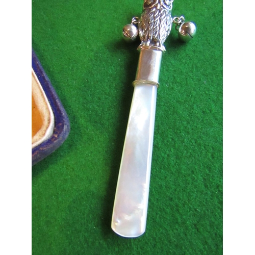 835 - Solid Silver Mounted Babies Owl Motif Rattle Mother of Pearl Handle with Solid Silver Cased Pencil T... 