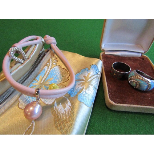 836 - Pearl Decorated Ladies Bracelet and Two Silver Mounted Ladies Rings Vintage Three Items in Lot