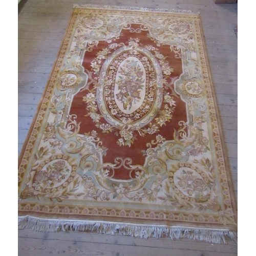 838 - Ochre Ground Pure Wool Rug with Central Medallion Motif Approximately 9ft Long x 6ft Wide