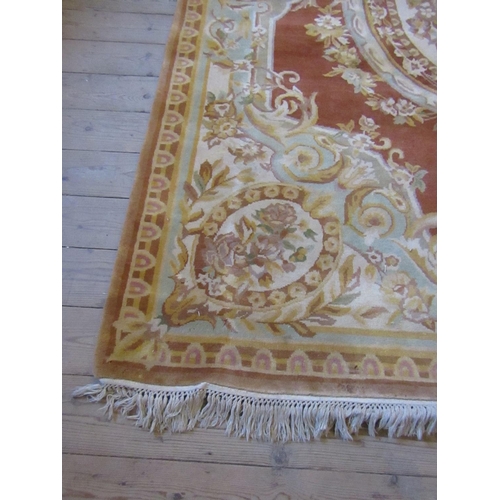 838 - Ochre Ground Pure Wool Rug with Central Medallion Motif Approximately 9ft Long x 6ft Wide