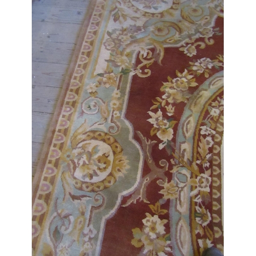 838 - Ochre Ground Pure Wool Rug with Central Medallion Motif Approximately 9ft Long x 6ft Wide