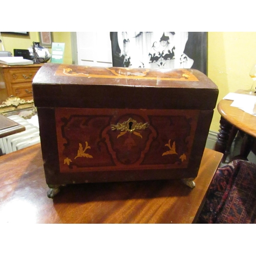 842 - Marquetry Decorated Jewellery Casket with Lion Motif Supports Approximately 10 Inches Wide Key Conta... 