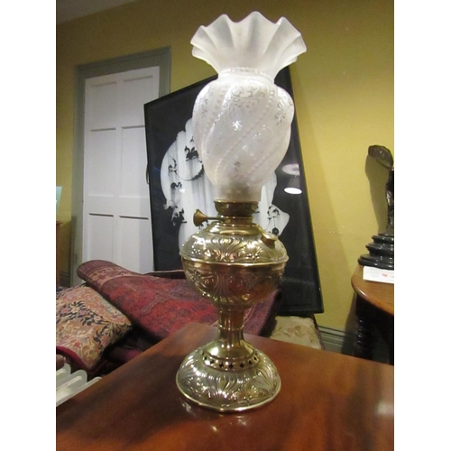 843 - Victorian Embossed Oil Lamp with Fancy Shade Approximately 20 Inches High