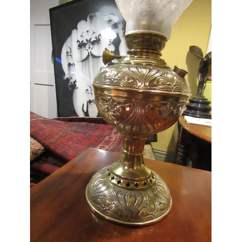 843 - Victorian Embossed Oil Lamp with Fancy Shade Approximately 20 Inches High