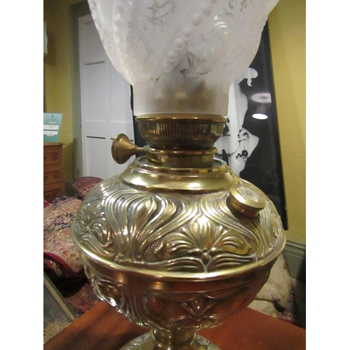 843 - Victorian Embossed Oil Lamp with Fancy Shade Approximately 20 Inches High