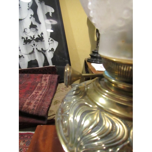 843 - Victorian Embossed Oil Lamp with Fancy Shade Approximately 20 Inches High