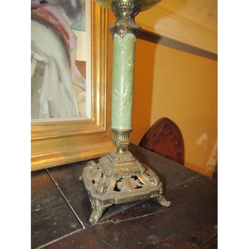 850 - Antique Oil Lamp with Shade Emerald Glass Well Decorated with Ormolu Shaped Form Base Approximately ... 