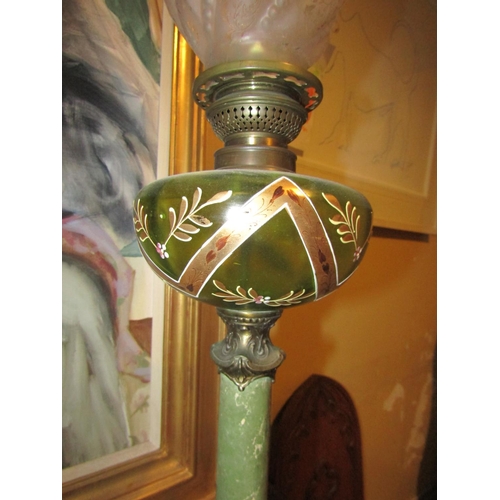 850 - Antique Oil Lamp with Shade Emerald Glass Well Decorated with Ormolu Shaped Form Base Approximately ... 