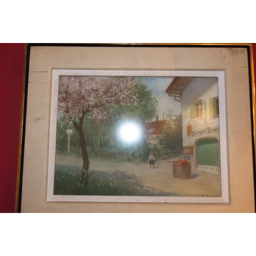 855 - Village Scene with Apple Tree in Blossom Approximately 16 Inches High x 20 Inches Wide