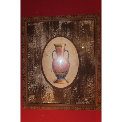 856 - Painting of Vase Contained within Stencil Decorated Frame Approximately 20 Inches High x 16 Inches W... 