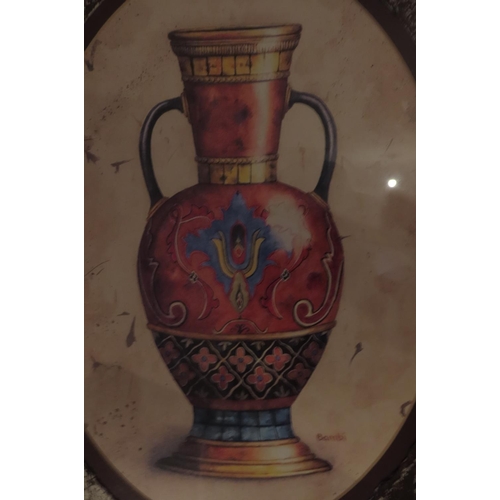 856 - Painting of Vase Contained within Stencil Decorated Frame Approximately 20 Inches High x 16 Inches W... 