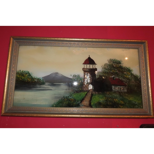 857 - Antique School Reverse Glass Painting Castle with Mountain Beyond Approximately 18 Inches High x 32 ... 