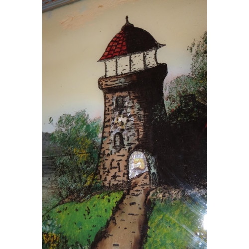 857 - Antique School Reverse Glass Painting Castle with Mountain Beyond Approximately 18 Inches High x 32 ... 