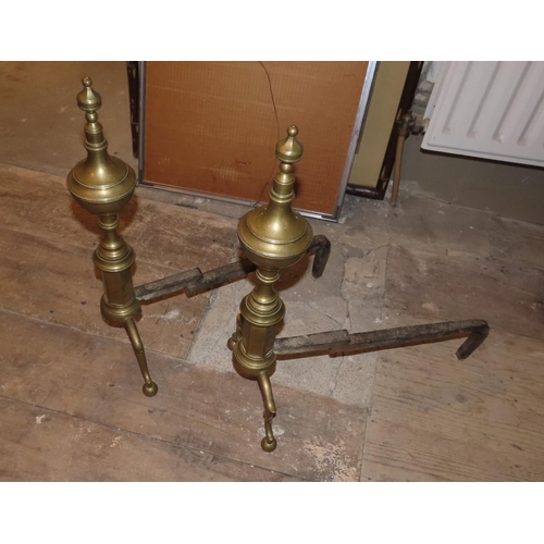 860 - Pair of Antique Brass Fire Irons Each Approximately 14 Inches High