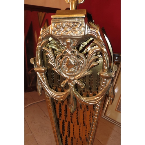 862 - Antique Cast Brass Peacock Fire Screen Fold Out Mechanism with Shaped Form Carry Handle