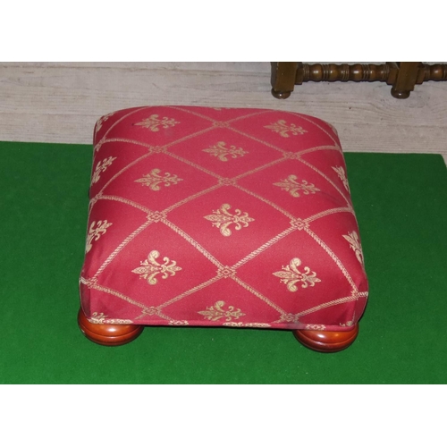 871 - Burgundy Damask Upholstered Square Form Foot Stool with Bun Supports