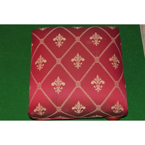 871 - Burgundy Damask Upholstered Square Form Foot Stool with Bun Supports