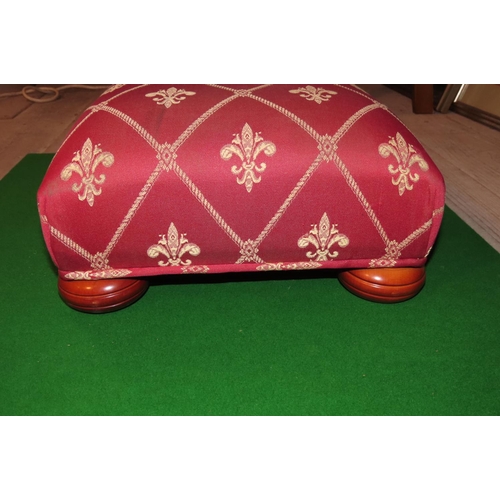 871 - Burgundy Damask Upholstered Square Form Foot Stool with Bun Supports