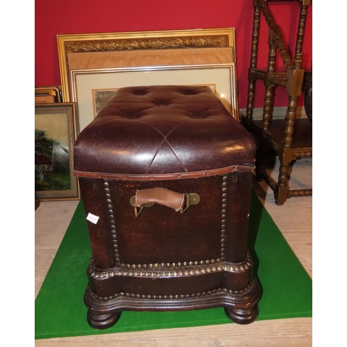 872 - Dark Tan Leather Upholstered Ottoman with Side Carry Handles Foldover Top Approximately 26 Inches Wi... 