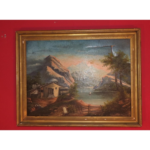 873 - Victorian School Mountain Scene Oil on Canvas Approximately 20 Inches High x 28 Inches Wide Containe... 