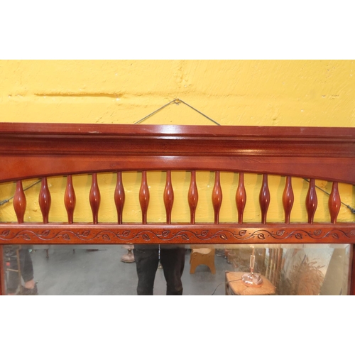 885 - Carved Mahogany Over Mantle Mirror with Upper Rail Decoration Approximately 32 Inches Wide