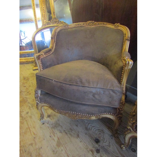 90 - Pair of Leather Upholstered Drawing Room Armchairs Tub Framed Attractively Carved Above Cabriole Sup... 