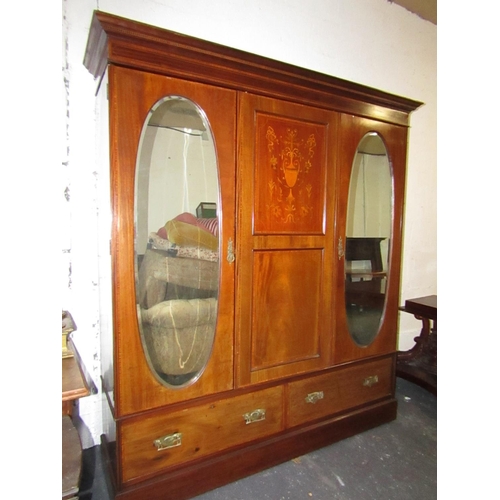 909 - Antique Figured Mahogany Twin Door Wardrobe with Two Large Drawers Below Fitted Interior Good Origin... 