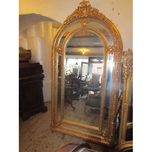 91 - Large Gilded Dome Top Mirror with Upper Cartouche Decoration Approximately 7ft 6 Inches High x 4ft W... 