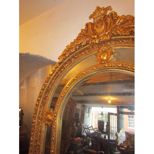 91 - Large Gilded Dome Top Mirror with Upper Cartouche Decoration Approximately 7ft 6 Inches High x 4ft W... 